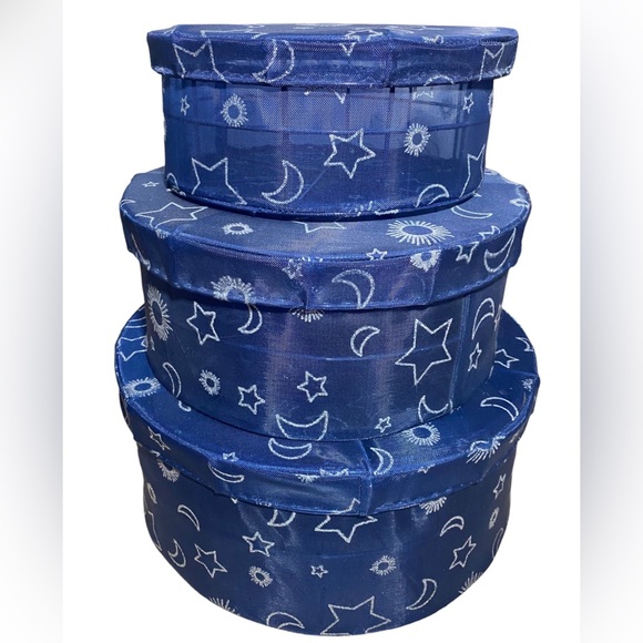 Vtg 3 Pc Celestial Sheer Mesh Stackable Nesting Hat Storage Boxes Moon Stars - Picture 1 of 6